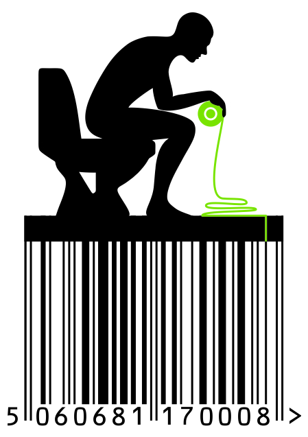 Man on toilet barcode artwork